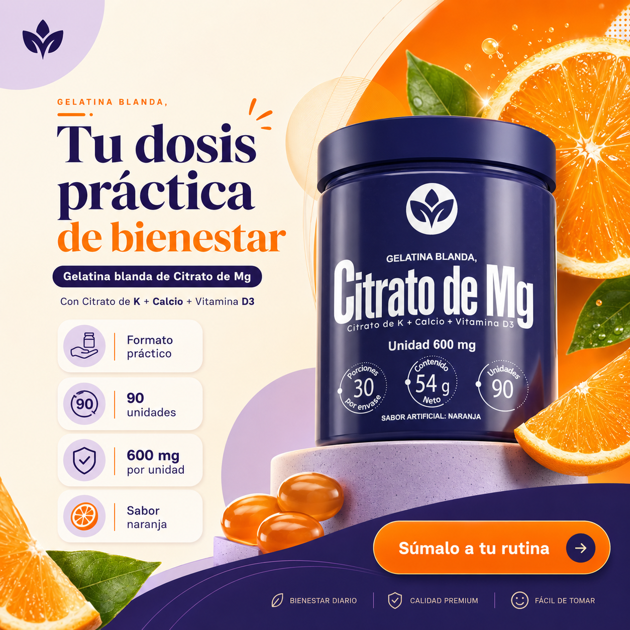 Citrato de Mg Softgel – Magnesio + Potasio + Calcio + Vitamina D3 (90 cápsulas)