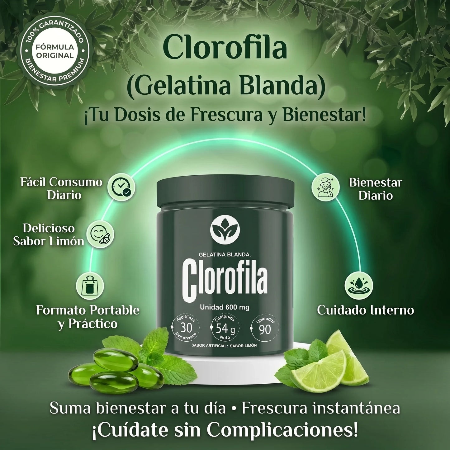 Clorofila Softgel 600 mg – 90 Unidades | Sabor Limón
